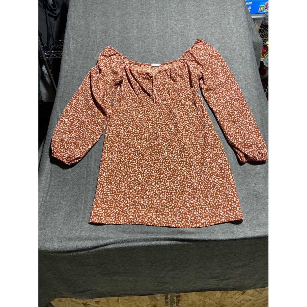 Lush Mini Dress Cinnamon Floral Long Sleeve Boho Square Neck Large‎ Side Zipper